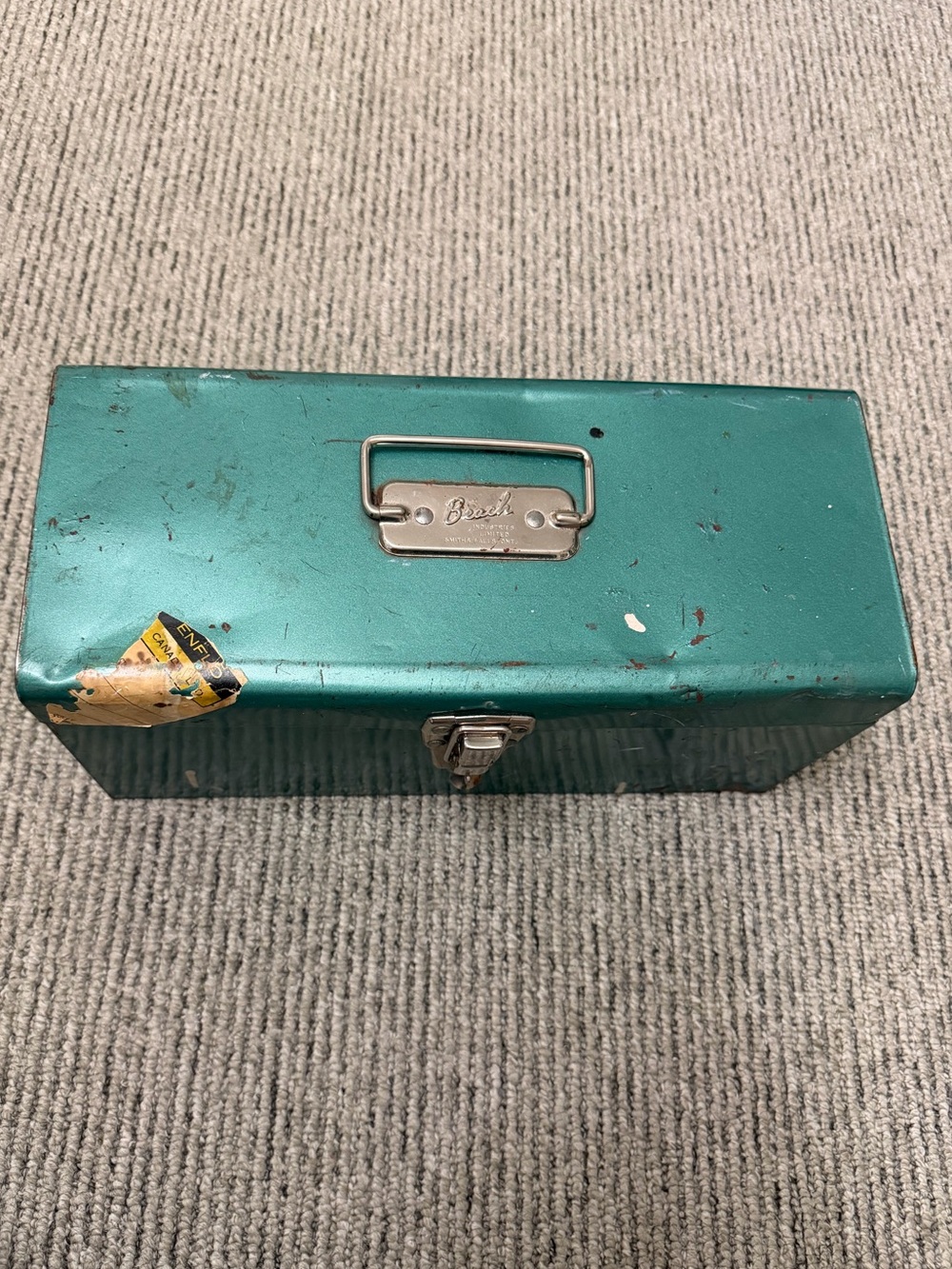 Vintage Beach Green Metal Tool Box with Handle